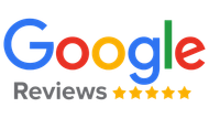 Google Reviews logo with multicolored Google text, gray Reviews, and five yellow stars