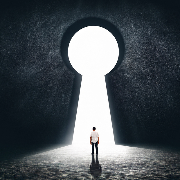 Person standing before a bright keyhole-shaped opening in a dark wall