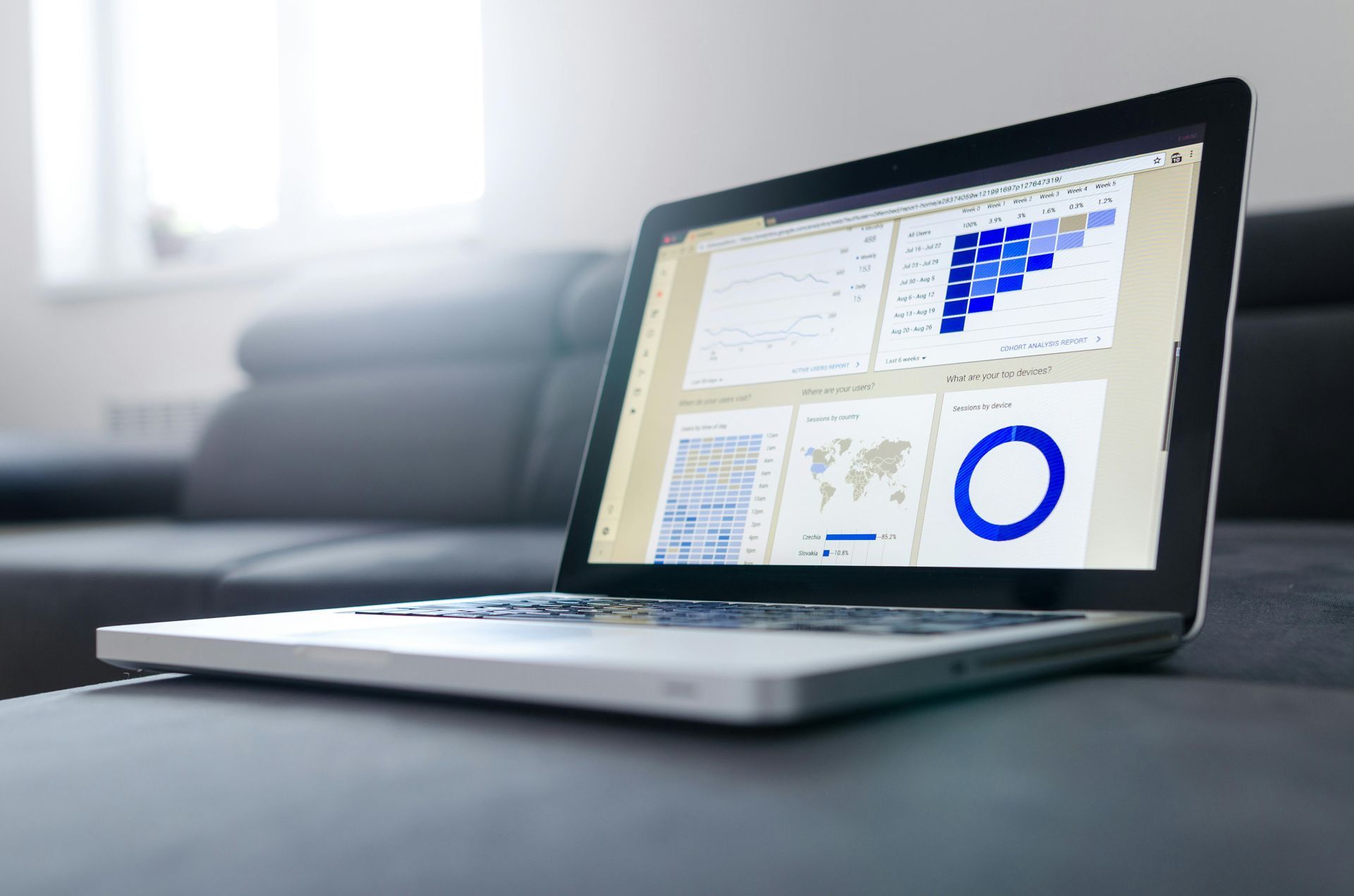 Laptop displaying analytics dashboard on a desk near a bright window