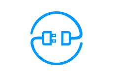 Contorno azul de un enchufe y una toma desconectados, dentro de una flecha circular.