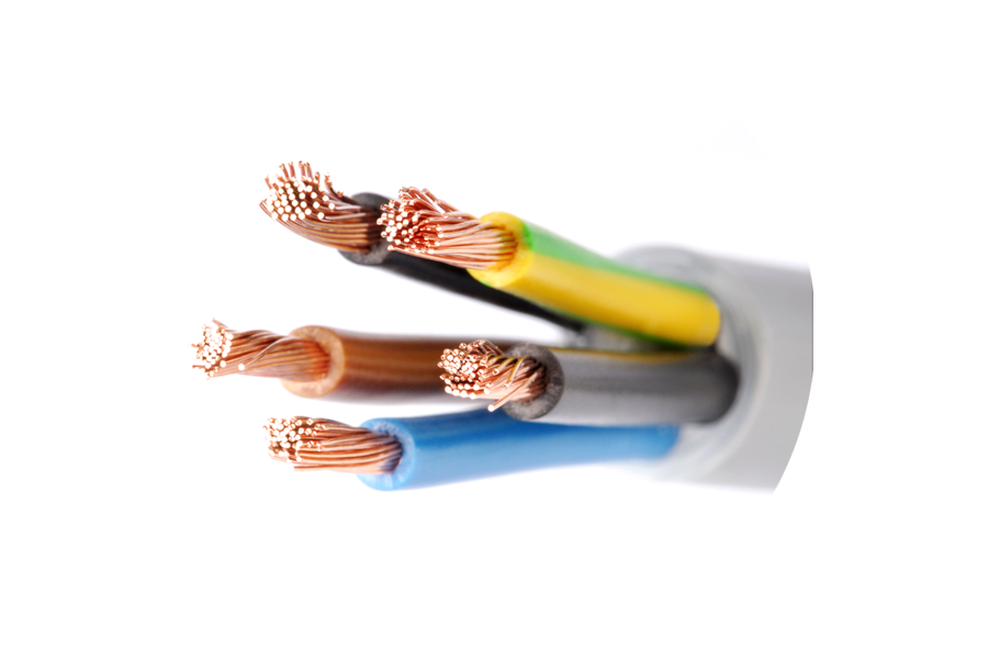 Cables eléctricos multicolores que emergen de un cable blanco, con extremos de cobre expuestos.