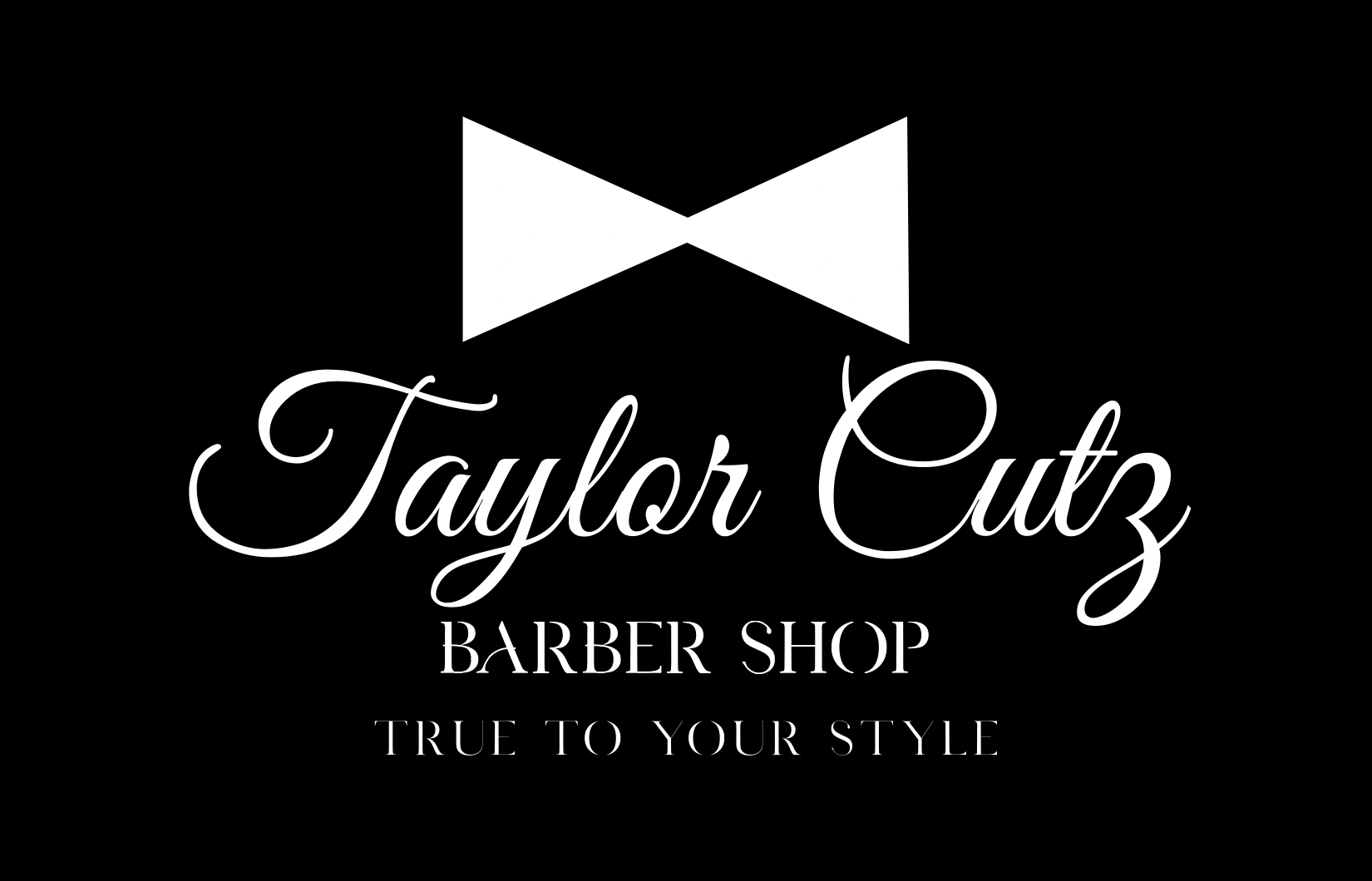Logo for Taylor Cutz Barber Shop, with a white bow tie icon, and white script text on a black background.