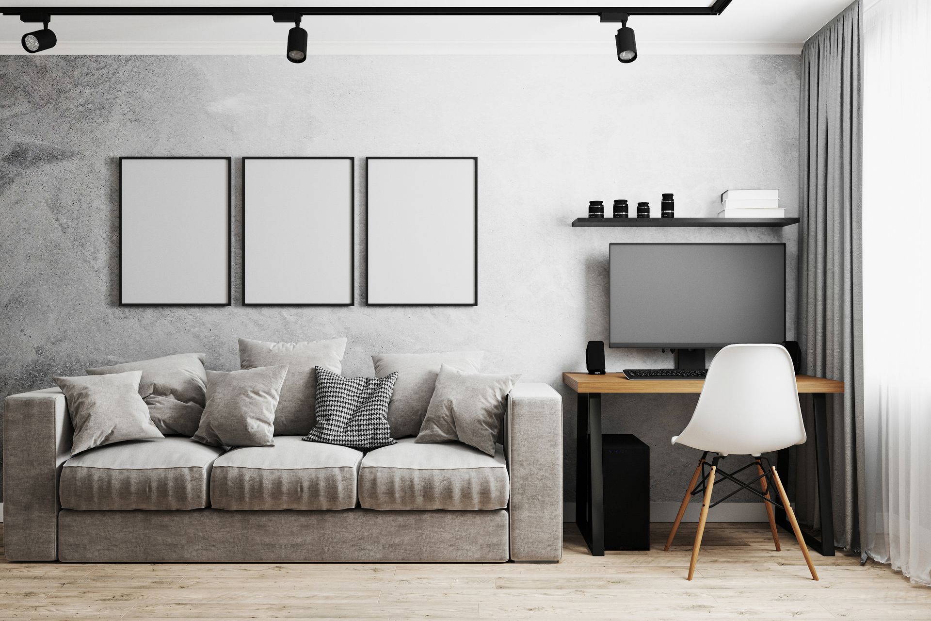 Living room with sofa, desk, blank picture frames, and window with curtains.