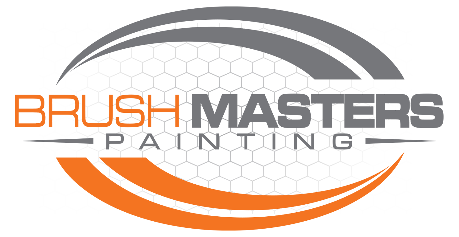 Logo for Brush Masters Painting: Orange and gray arched design with text 