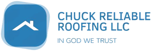 Blue logo for Chuck Reliable Roofing LLC, featuring a roof icon and the text 