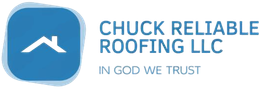 Blue logo for Chuck Reliable Roofing LLC, featuring a roof icon and the text 