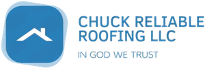 Blue logo for Chuck Reliable Roofing LLC, featuring a roof icon and the text 