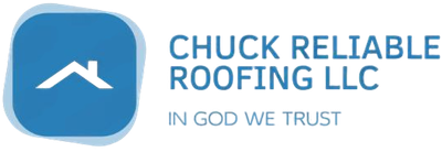 Blue logo for Chuck Reliable Roofing LLC, featuring a roof icon and the text 