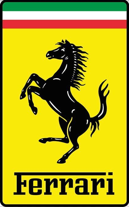Ferrari logo: Black prancing horse on yellow background with Italian flag top bar.