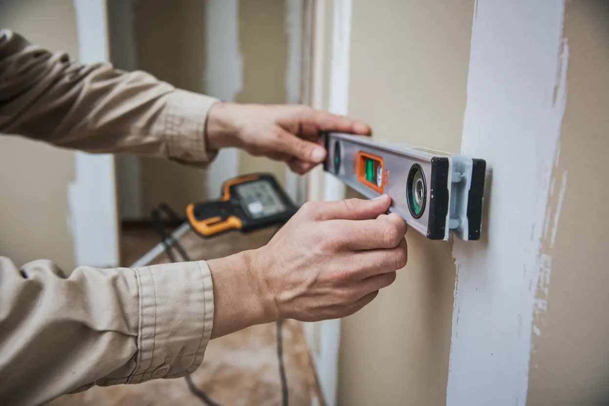 A man is measuring a wall with a level.