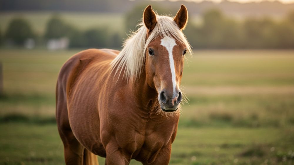 Brown horse with a white blaze and blonde mane in a field, lit by golden sunlight.