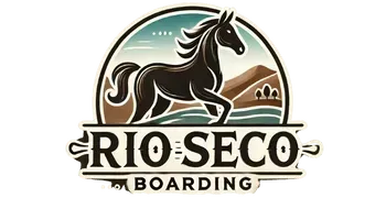 Logo for Rio Seco Boarding: Dark horse, landscape, and text in a circular emblem.