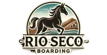 Logo for Rio Seco Boarding: Dark horse, landscape, and text in a circular emblem.