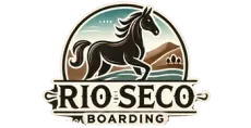 Logo for Rio Seco Boarding: Dark horse, landscape, and text in a circular emblem.
