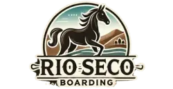 Logo for Rio Seco Boarding: Dark horse, landscape, and text in a circular emblem.
