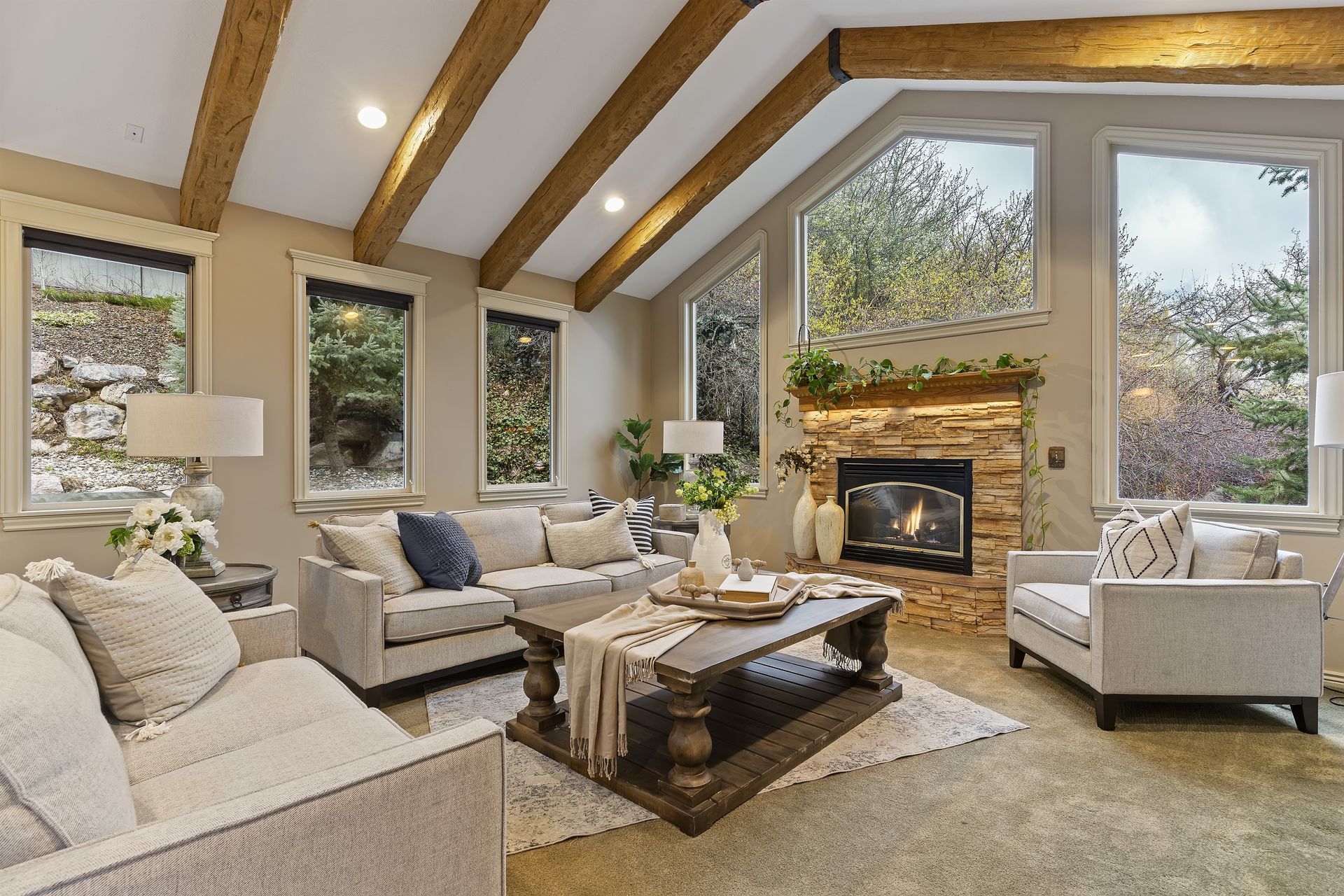 well-furnished living room with a fireplace