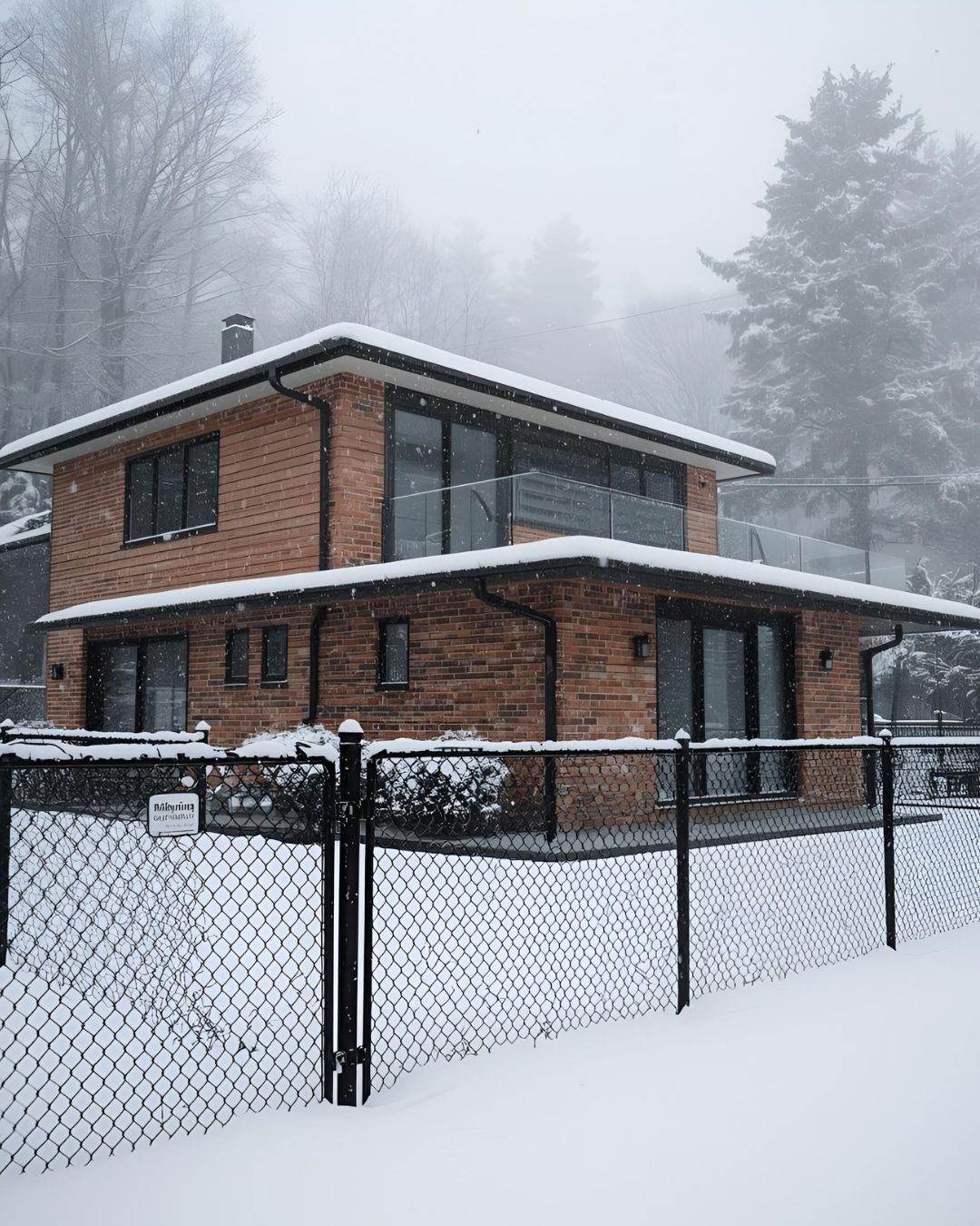 Two-story brick house with large windows, covered in snow, behind a chain-link fence.