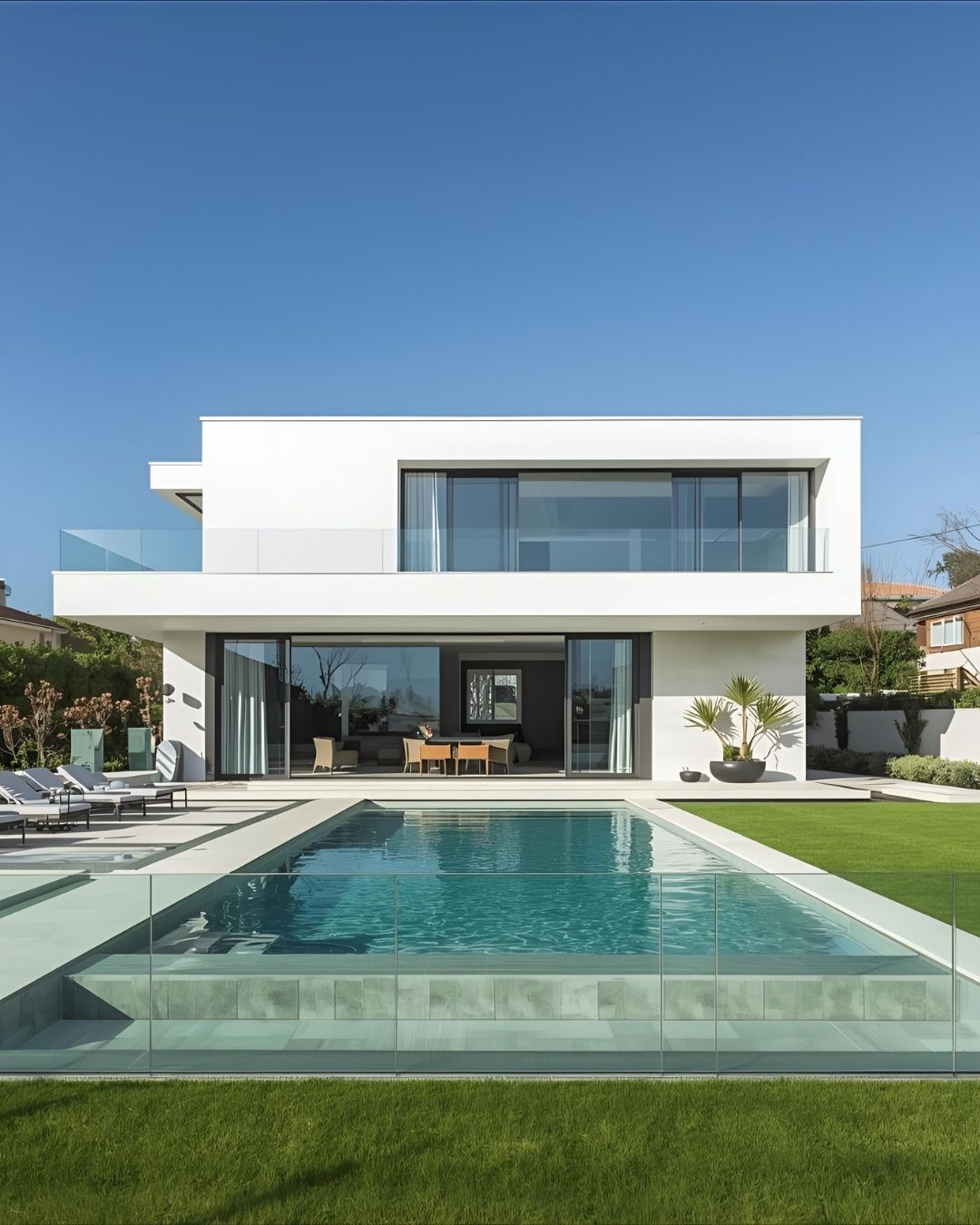 Modern white house with a pool and lawn under a blue sky.