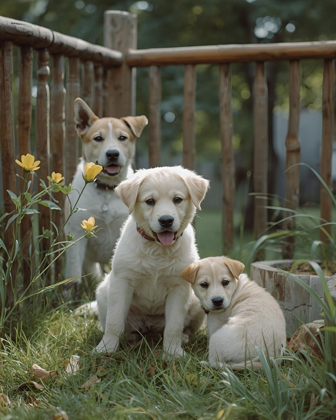 Three light-colored dogs sit and stand in grass near a wooden fence and yellow flowers.