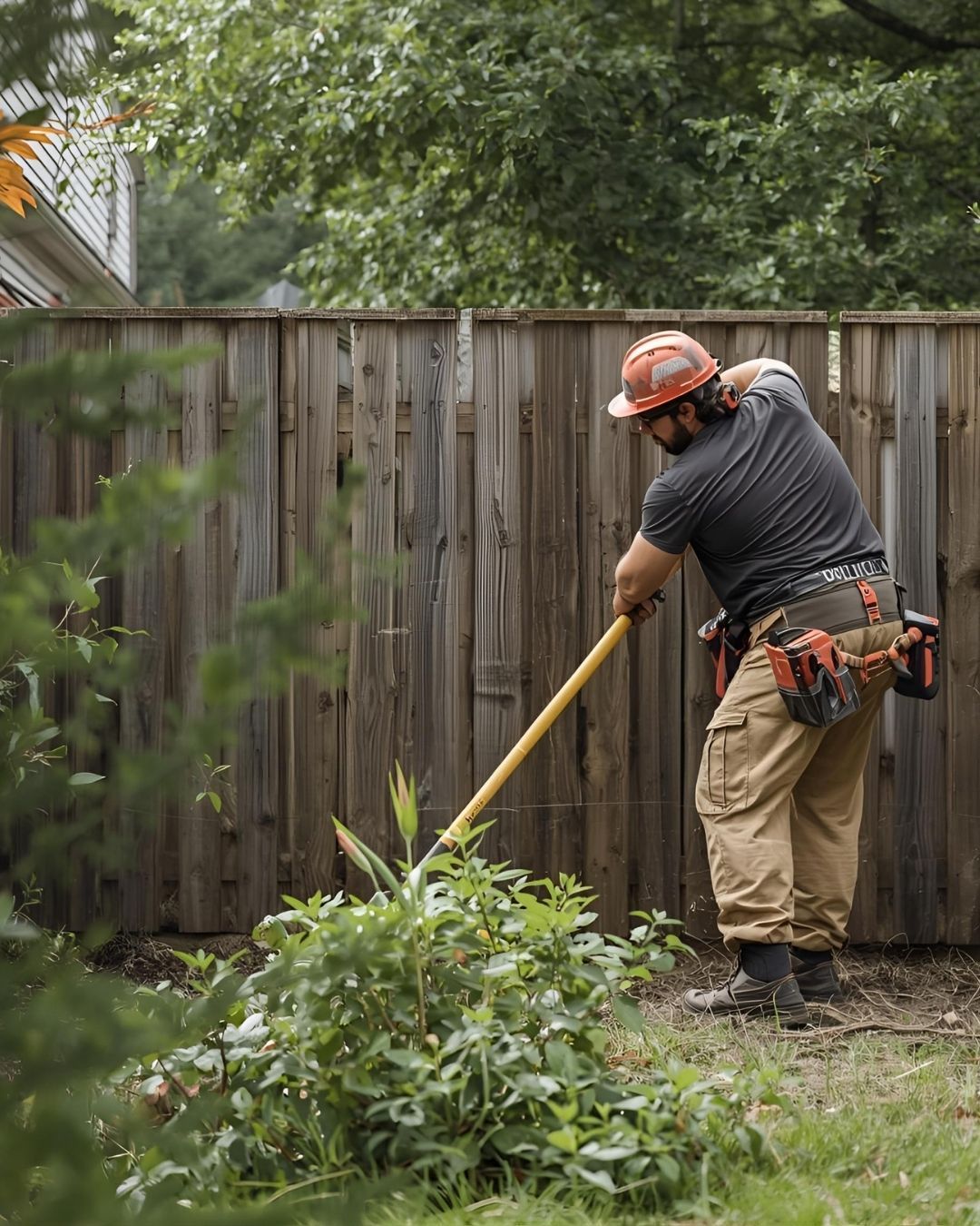 Man in safety gear using a tool near a wooden fence and shrubs.
