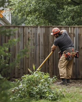 Man in safety gear using a tool near a wooden fence and shrubs.