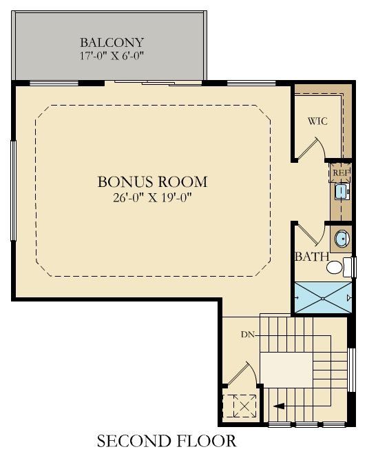 The second floor of a house has a balcony and a bonus room