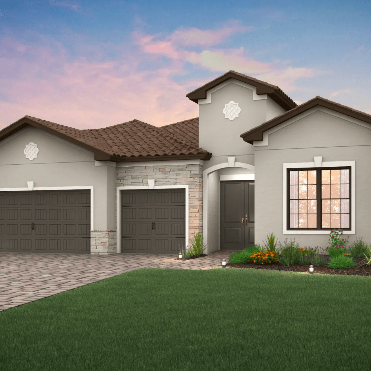 A house with two garage doors and a large window