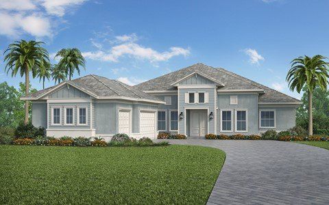 An artist 's impression of a house with palm trees in front of it.