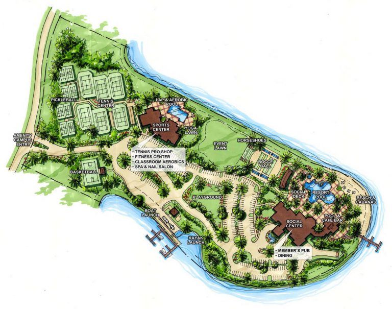 A map of a resort with lots of buildings and trees