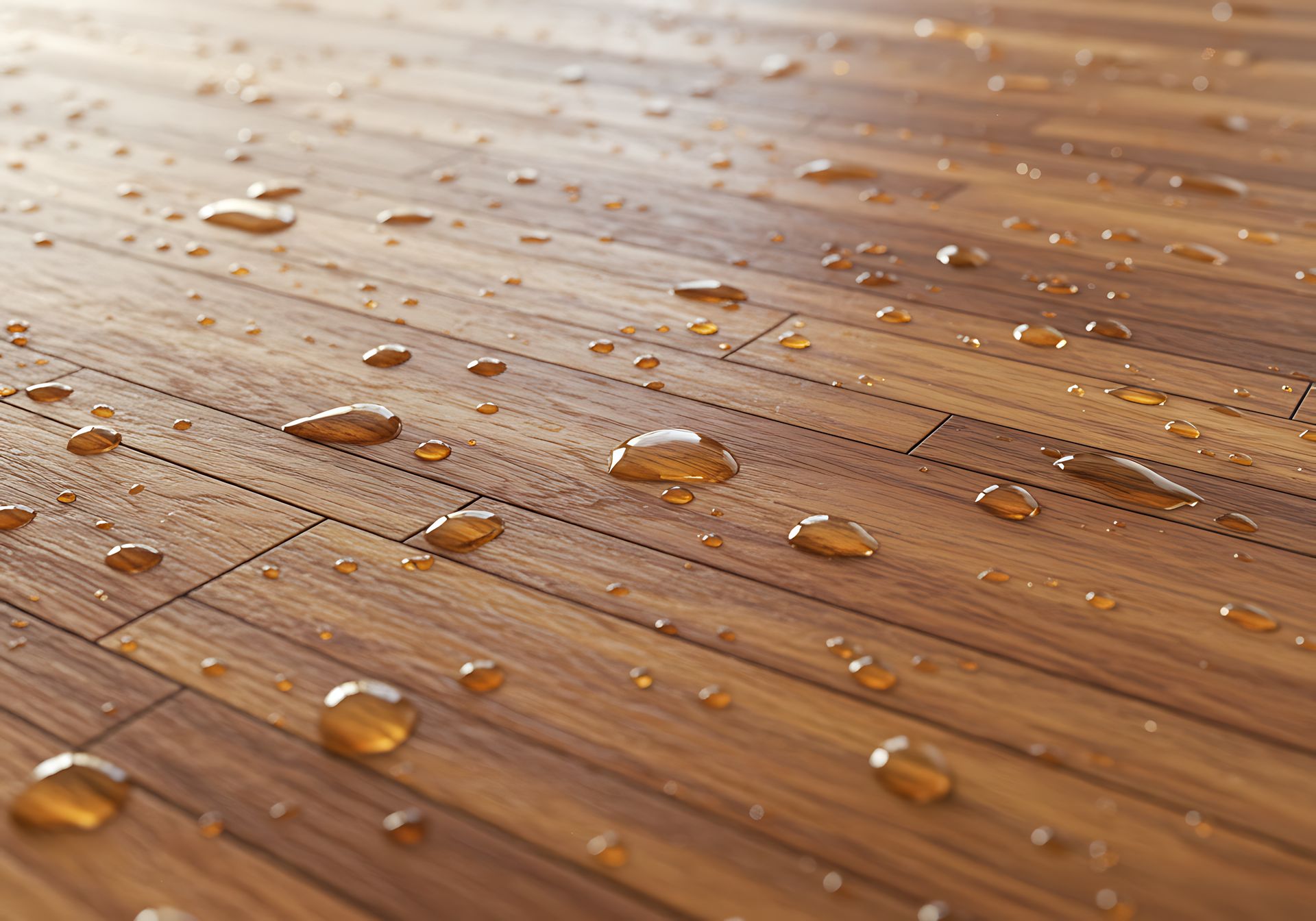 Water droplets scattered across a wooden floor surface Water droplets scattered across a wooden floor surface