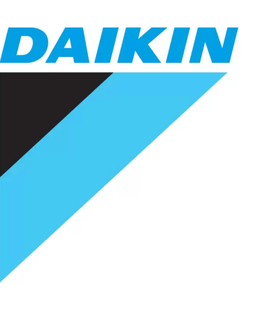The Daikin logo features the company name in bold blue letters above a blue and black triangle graphic.