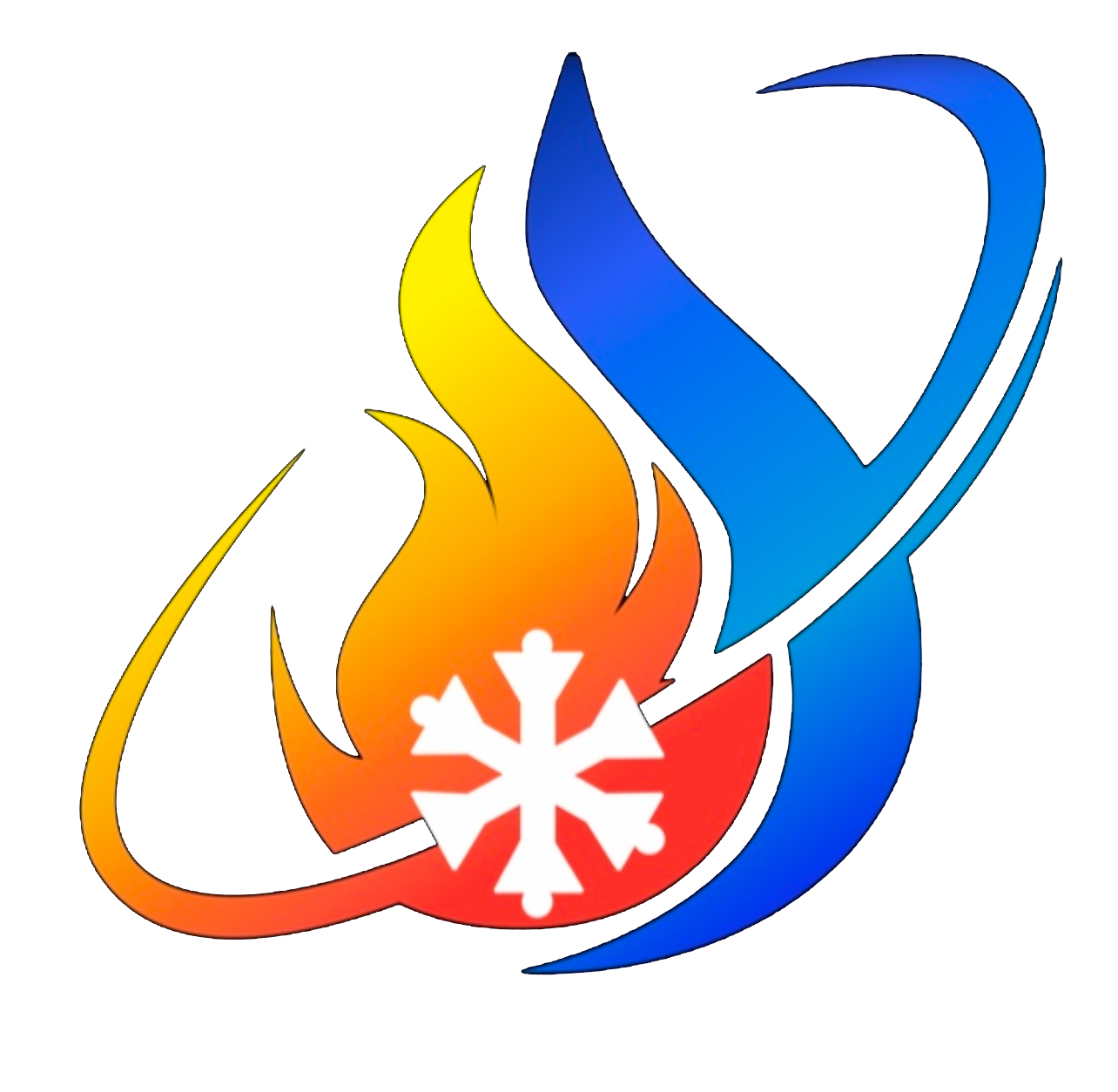 Logo with a white snowflake icon superimposed over stylized orange and yellow flames and a blue swooping wave shape.