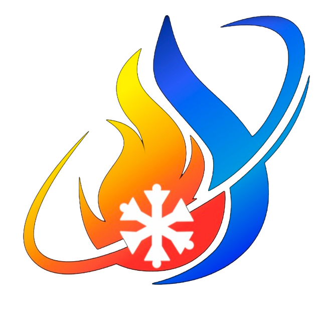 Logo with a white snowflake icon superimposed over stylized orange and yellow flames and a blue swooping wave shape.