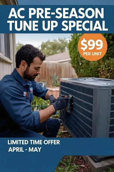 A technician services an outdoor AC unit for a $99 pre-season tune-up special available in April and May.