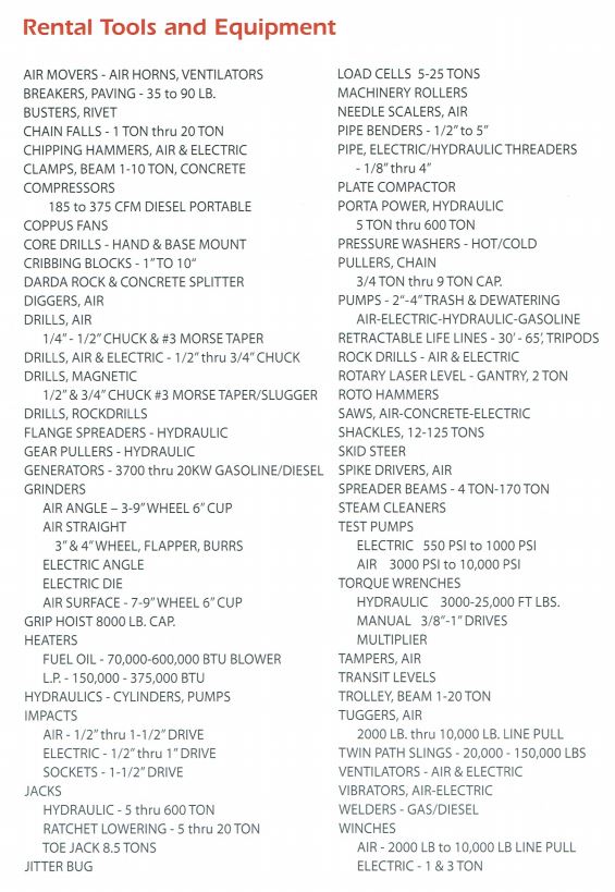 Rental tools and equipment list: tools, compressors, drills, generators, jacks, and more for rent.