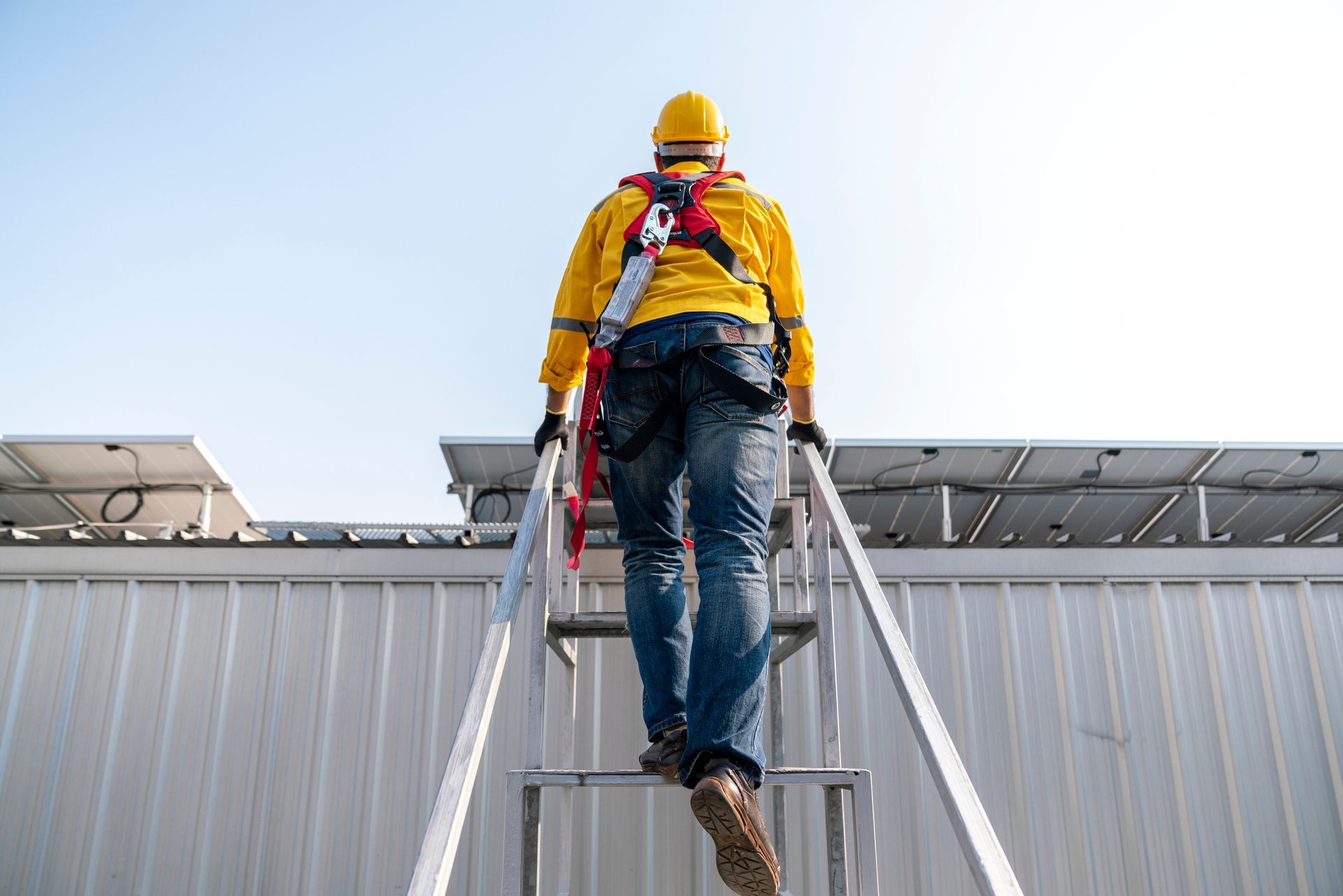 Construction worker wearing safety harness.