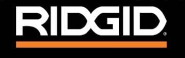 RIDGID logo in white font with orange underline on black background.