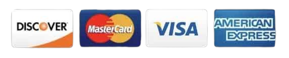 Logos for Discover, Mastercard, Visa, and American Express credit cards.