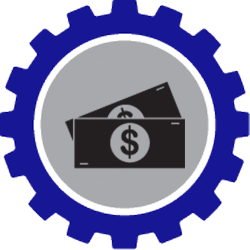 Blue gear around gray circle with two dollar bills.