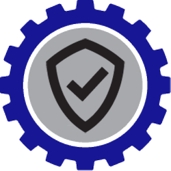 Blue gear around a gray circle with a shield icon and a checkmark, symbolizing security.