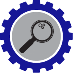 Blue gear icon with a magnifying glass over a gray circle, viewing three small circles.