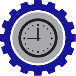 Blue gear wheel with a clock face in the center, hands at 9:00.