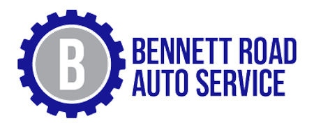 Logo for Bennett Road Auto Service: blue gear around a gray circle with a white 