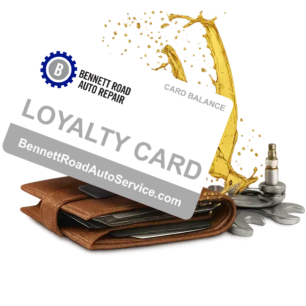 Loyalty card from Bennett Road Auto Repair over a wallet, with oil splash and tools.