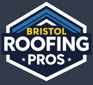 Logo for Bristol Roofing Pros. Text on navy blue and white, with a blue and gold rooftop design.