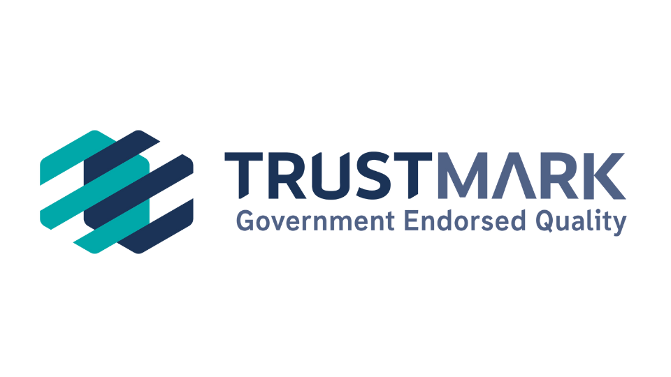 Trustmark logo: abstract geometric shape in blue and teal; text
