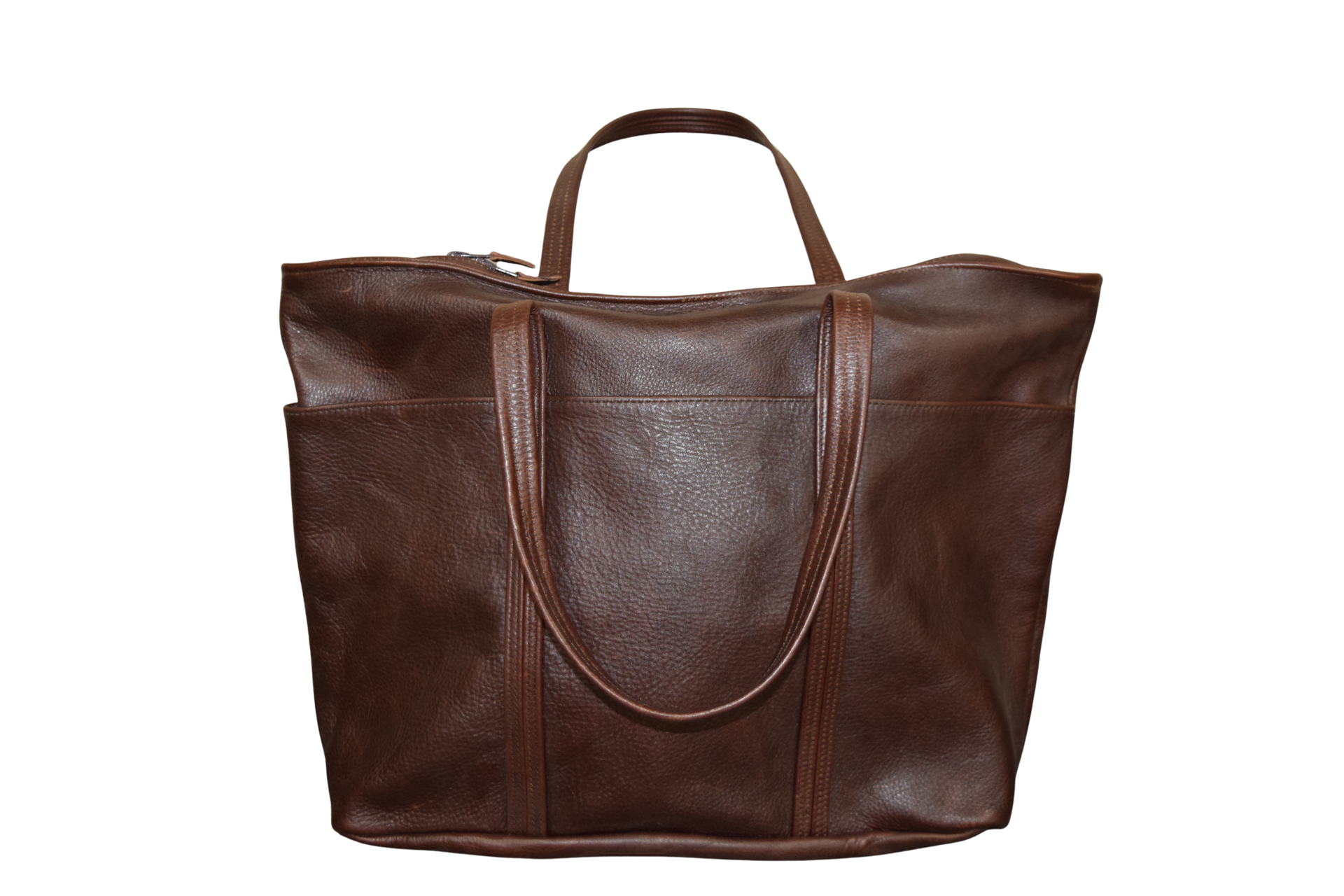 Brown leather tote bag with two handles and side pockets.