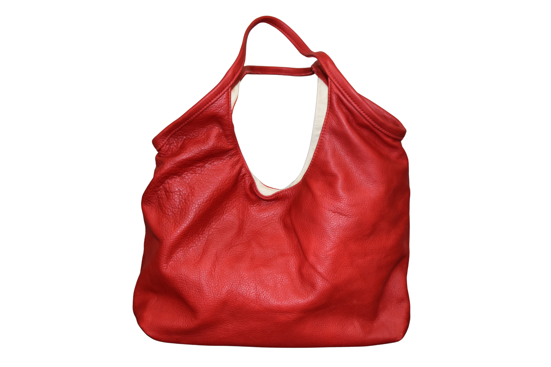 Red leather shoulder bag with a single handle.