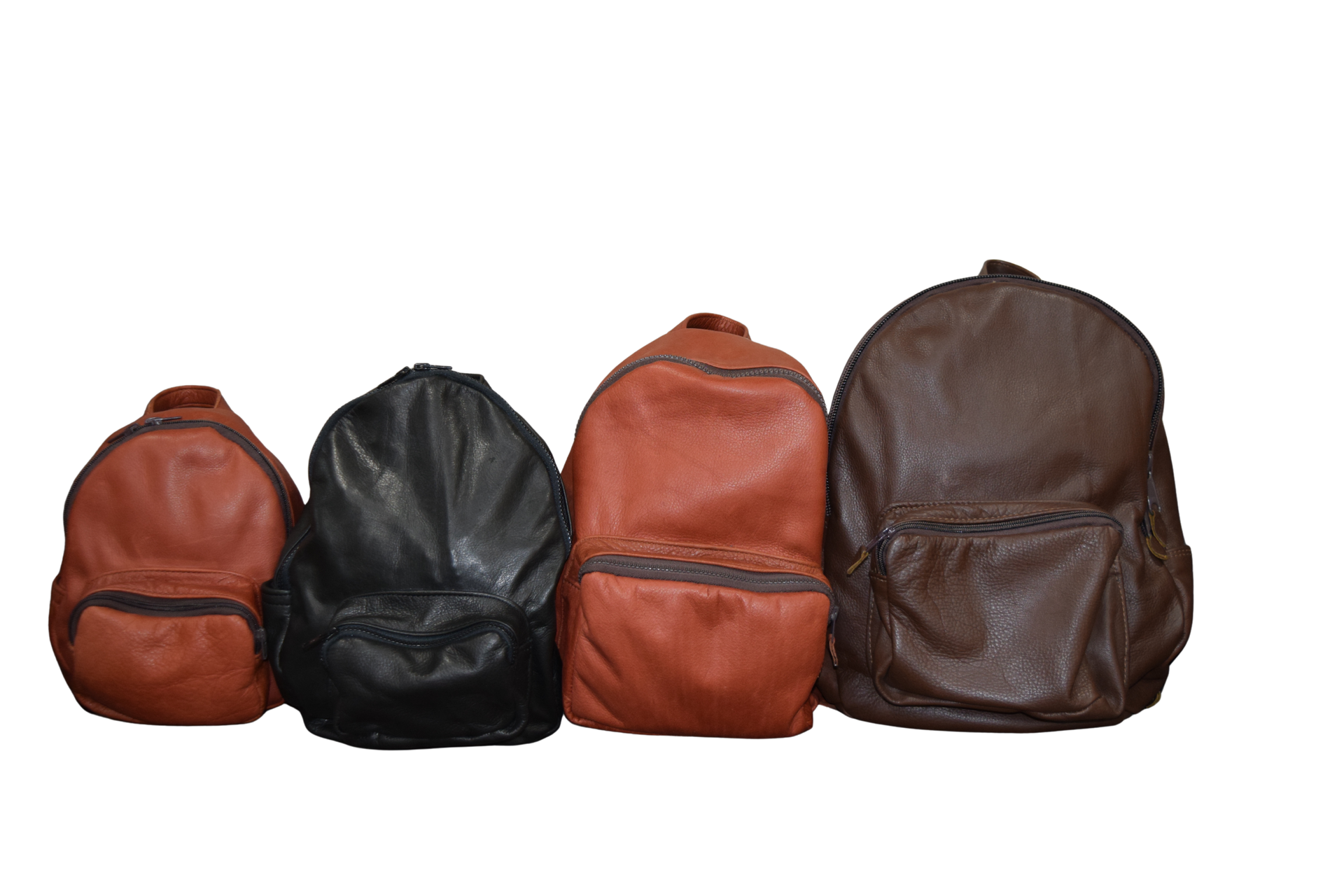 Four leather backpacks in varying sizes and colors (brown, black).