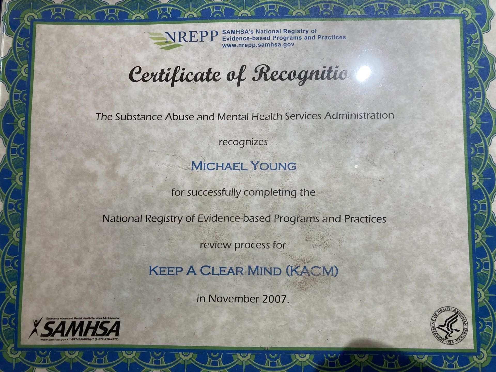 Certificate of Recognition to the NREPP and SAMHSA